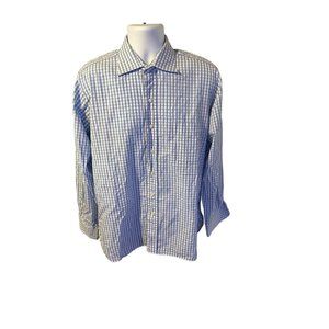 Paul Stewart blue and white check button up long sleeve dress shirt size L 17-35